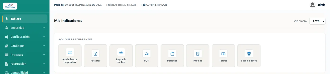 Tablero de SIGECOW con los accesos rápidos a movimientos de predios, facturar, imprimir recibos, PQR, periodos, predios, tarifas y base de datos