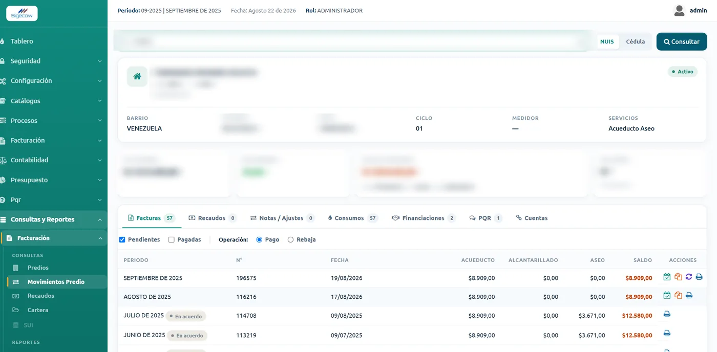 Ficha de un predio en SIGECOW con pestañas de facturas, recaudos, notas, consumos, financiaciones, PQR y cuentas